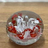 Vintage Art Glass Paperweight Controlled Bubbles Flower Red White Carnation