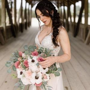 Mauve Anemone Wedding Boho Bridal Bouquet Dusty Rose Wedding Bouquet Dusty Greenery Artificial Faux Flowers Ivory Bridesmaid Bouquet Flowers