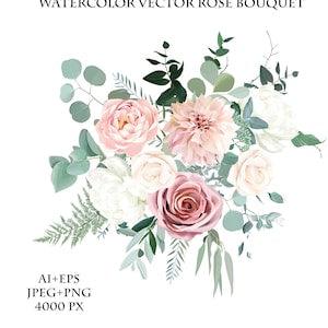 Silver sage green and blush pink flowers vector design bouquet. Beige and dusty rose, white ivory peony, dahlia, eucalyptus, greenery.