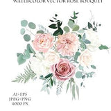 Silver sage green and blush pink flowers vector design bouquet. Beige and dusty rose, white ivory peony, dahlia, eucalyptus, greenery.