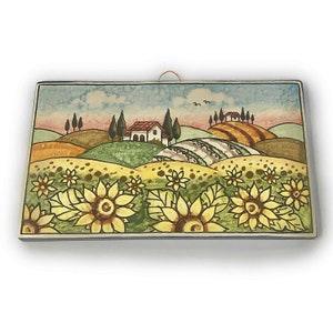 Italian Ceramic Art Tile Pantiles Pottery Pattern Sunflower Landscape Painted Made in ITALY Tuscan