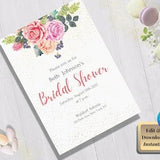 Canva Editable Bridal Shower Invitation | A printable invitation with roses bouquet and glitter effect | Plan a party for the bride-to-be