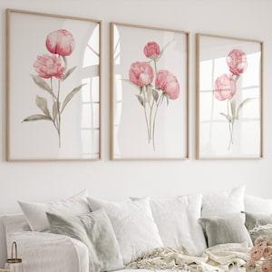 Minimalist Flowers, Set of 3 Prints, Peony Art Print, Watercolor Painting, Abstract Modern Botanical Art, Red Spring Flowers, Unique Peonies