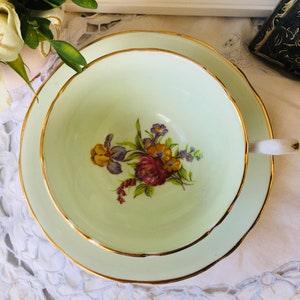 Mint Green and Tulip Flroal Teacup and Saucer, Royal Stafford, Pink Roses and Multi Colored Floral Bouquet, Vintage English Tea Set