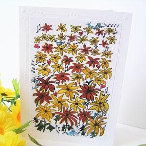 Spring Symphony blank card write your own msg. flowers birds, friendship appreciation thinking of you blank card