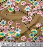 Soimoi Brown Velvet Fabric Peony Floral Printed Craft Fabric by-0l4