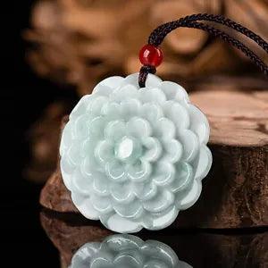 Natural Grade A Ice Jade Jadeite Men Women Lucky Peony Flower Round Pendant