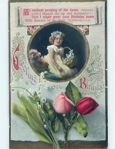 NEW LISTINGPre-Linen GIRL WITH FLOWER BASKET & ROSE AND LILY OF THE VALLEY FLOWERS HL5224