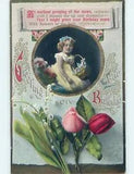 NEW LISTINGPre-Linen GIRL WITH FLOWER BASKET & ROSE AND LILY OF THE VALLEY FLOWERS HL5224