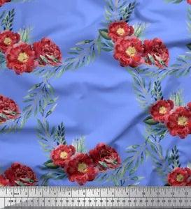 Soimoi Blue Cotton Poplin Fabric Leaves & Peony Floral Print Fabric-9c5