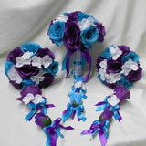 Wedding Silk Flower Bridal Bouquets Package Purple Turquoise Teal Blue White Bride's Bouquet Bridesmaid Boutonniere Corsages New