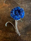 Vintage Brooch Enamel Flower Pin Blue 3D Carnation with stem leaves 1" Flower