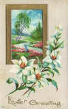 1910's Embossed Easter Postcard Easter Lilies Countryside Lady Blue Dress E113