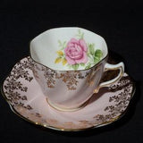 CLARE pink flat Teacup and saucer Set mint condition Bone China gold chintz floral pink rose flower bouquet numbered 134