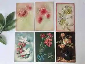 VTG 6 Roses Postcards Pink Embossed Foil Greeting Flowers Doves Carnations
