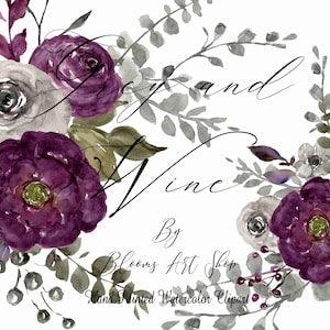 Watercolor Peony Bouquet Burgundy Wine Rose DIY Invitation Silver Leaves Rose Bouquets Clip Art Scrapbooks. WC389
