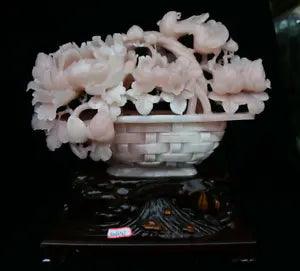16.4" Natural Xiu Pink Jade Carving Sushrubby Peony Flower Birds Basketball Statue