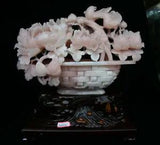 16.4" Natural Xiu Pink Jade Carving Sushrubby Peony Flower Birds Basketball Statue