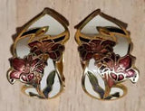 Vintage Cloisonne Lily Flower Gold-tone Clip-on Earrings Estate Costume Jewelry