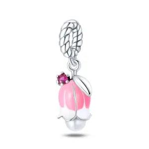 Pink Carnation Tulip Flower Charm Crystal Bead Charm Sterling Silver 925