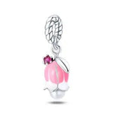 Pink Carnation Tulip Flower Charm Crystal Bead Charm Sterling Silver 925