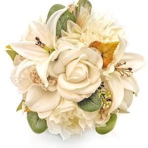Real Touch Artificial White Lily Calla Rose Chrysanthemum Fall Bridal Cascade Bouquet Bridesmaids Bouquets Prom Wedding Flowers Centerpiece