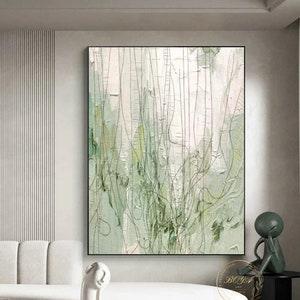 Green Textured Wall Art Large Green Abstract Painting Original Green Painting Beige Canvas Art Painting Leaf Abstract Painting Line Wall Art