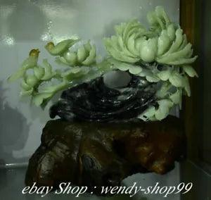 15" Chinese Natural Green Xiu Jade Carved Peony Flower 2 Bird Statue Decorate