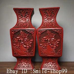 8.8" Old China lacquerware Carving Dynasty Peony Flower Pattern Vase Bottle Pair
