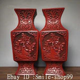 8.8" Old China lacquerware Carving Dynasty Peony Flower Pattern Vase Bottle Pair