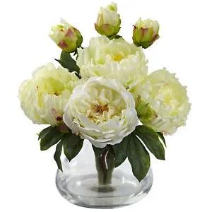 Artificial White Peony & Rose With Glass Vase & Faux Water Floral Home Decor