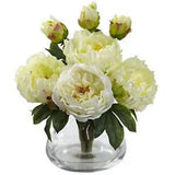 Artificial White Peony & Rose With Glass Vase & Faux Water Floral Home Decor