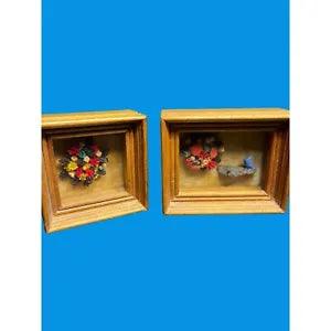 2 Small Vintage Shadowbox Dried Flower Art. Tiny Vintage Pictures