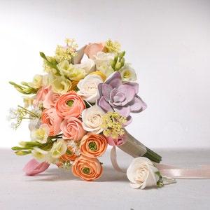 Wedding bouquet and boutonniere set, made of air dry clay, bridal bouquet with roses, succulents, ranunculus and tulips in pastel shades