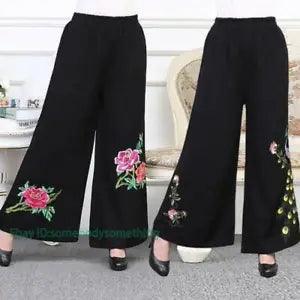 Chinese Women's Flowers Pants Loose Wide Leg Embroidery National Trousers