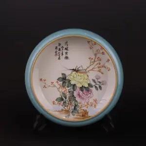 8.3" China Famille Rose Porcelain Green Glaze Peony Flower Bird Brush Washer
