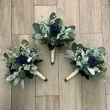 Boho bridesmaids bouquets navy blue  rose greenery bridal bouquet eucalyptus wedding bouquet, Lambs ear sage, corsages boutonni¡§¡§res