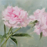 White peony flower oil painting, original wall art on canvas, pink peony on grey, small painting ready to hang