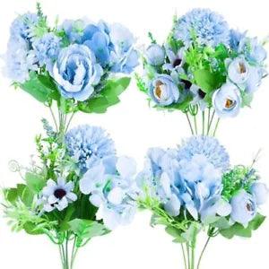 4PCS Artificial Flower Bouquets, Fake Peony Silk Bouquet Blue Faux Flower