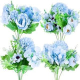 4PCS Artificial Flower Bouquets, Fake Peony Silk Bouquet Blue Faux Flower