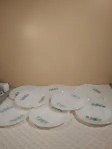 (8) Vintage White Fire King with Turquoise Blue Carnation Flower, 6 Inch Saucers