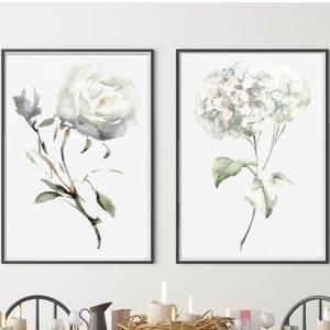 Hydrangea Peony Watercolor Painting Set 2 Beige Flowers Bouquet Print Floral Artwork Minimalist Art Dining Room Decor Mother Day Gift
