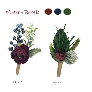 Boutonnieres-Artificial Ranunculus Berry Sedum hops greenery ferns prom homecoming wedding events Burgundy Navy