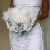 Gatsby Blanco Cascading Brooch Bouquet Great Gatsby Wedding Bridal Bouquet White and silver Brooch bouquet Pearl drapes feather bouquet.