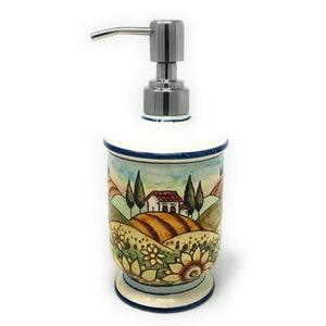 Italian Ceramic Soap Dispenser with Rust Proof Stainless for Bathroom ,Kitchen Hand Painted Pattern Tuscan Landscape Sunflower Made in ITALY