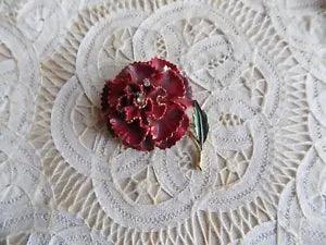 Vintage ART Signed Red Carnation Flower Brooch  with enamel and rhinestones