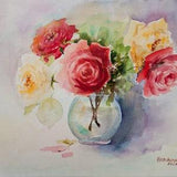 Flowers Watercolor Painting Floral Original Art Flower Still Life Red White Roses In A Vase  Artwork 7,8 x 9,4 in