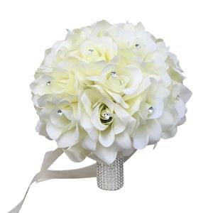 Bridal Bridesmaid Ivory Open Rose bouquet with Rhinestone - Pick Ribbon Color