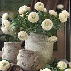 2  Heads/50cm Ivory White Green Real Touch Faux Ranunculus |  Home/Wedding/Events Decoration