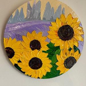 Sunflower painting ,round  3D heavy impasto sunflower , Modern wall decor, Yellow sunflowers, oil painting, nature lover, palette knife